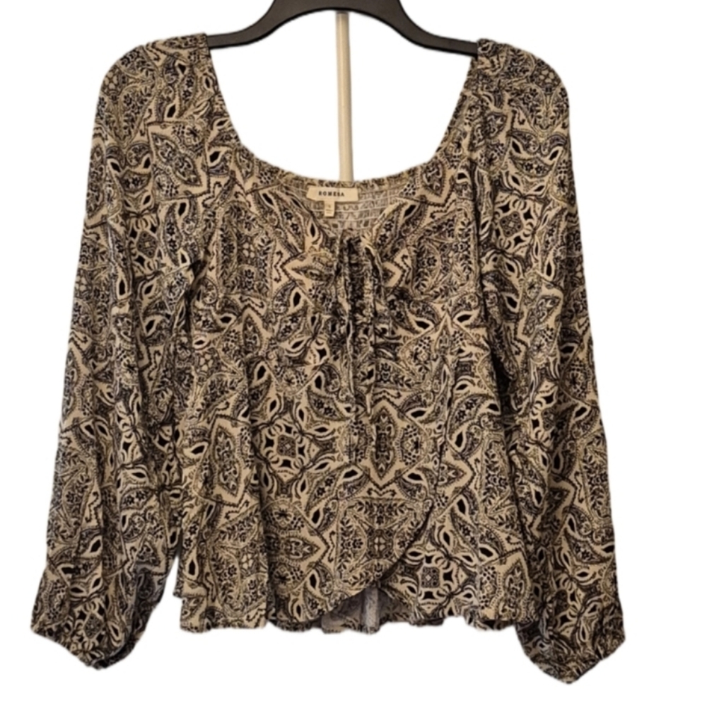 Promesa Small Patterned Long Sleeve Top Sz S Tie Detail V Neckline Blouse - Picture 2 of 4